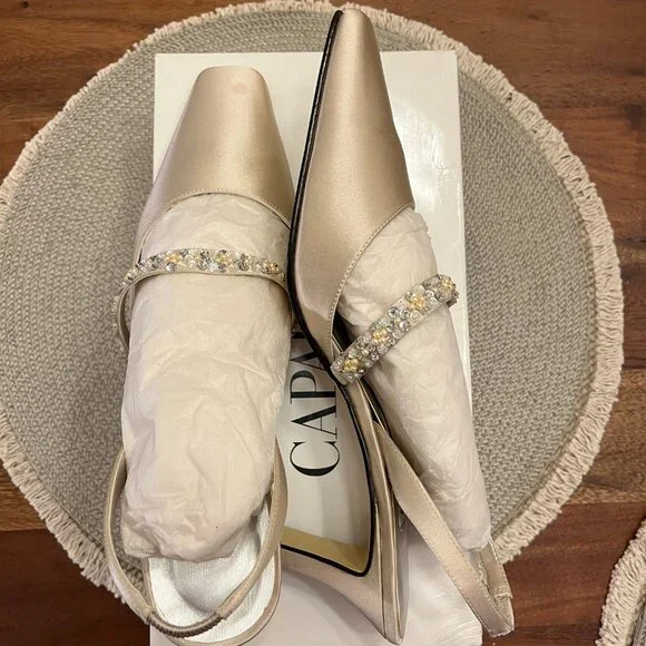 VINTAGE Caparros Evening Bridal Champagne Silk/Satin Slingbacks - 8M - Picture 7 of 13